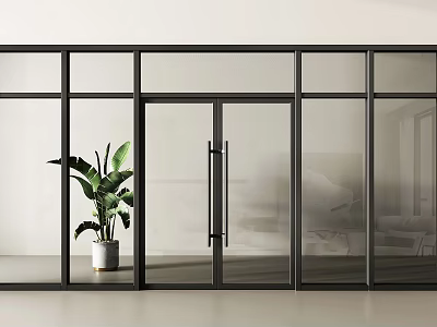 Modern Glass Entrance Door With Black Frame Surrounding Glass Panels And Potted Plant 3d model