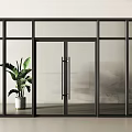 Modern Glass Entrance Door With Black Frame Surrounding Glass Panels And Potted Plant