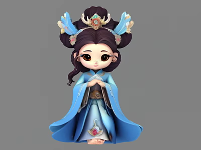 Chibi Ancient Style Female Game Movie Character In Blue Traditional Outfit With Intricate Hairstyle 3d model