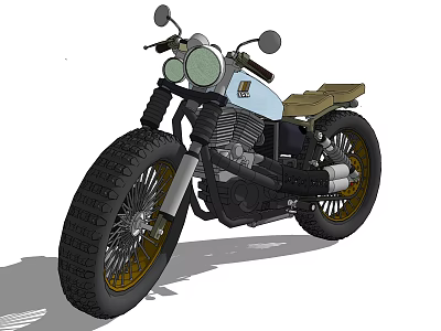 Vintage Style Motorcycle With Wide Tires Leather Seat Round Headlights And Gold Rims 3d model