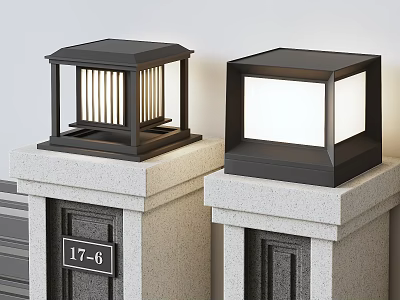 Black Square Outdoor Pillar Lights On Stone Bases With House Number 176 3d model