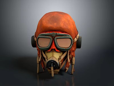 Red Worn Vintage Pilot Helmet With Goggles And Breathing Mask 3d model