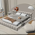 Cozy Modern Double Bed With Arc Shaped LED Light Headboard Plush Pillows And Stuffed Toys