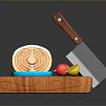 Sliced Salmon on Wooden Cutting Board with Cleaver Knife Small Tomato and Half Lemon