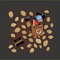 Game Movie Character With Blue Hair Sitting On Chair By Menu Chalkboard And Pebble Stones