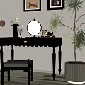 Black Scalloped Edge Dressing Table With Round Mirror And Matching Stool 3d model