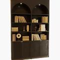 Modern Dark Bookcase With Arched Top Design Shelves Books And Decorative Items