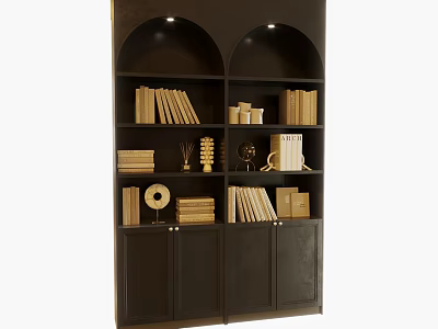 Modern Dark Bookcase With Arched Top Design Shelves Books And Decorative Items 3d model