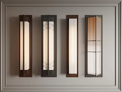 Four Stylish Wall Sconces With Different Designs Wooden And Black Frames Mounted On Gray Wall 3d model