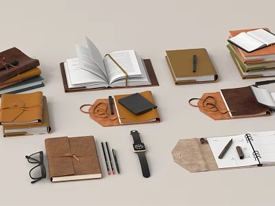 Various Open and Closed Notebooks with Brown Beige Covers Stationery Pen Glasses Watch 3d model