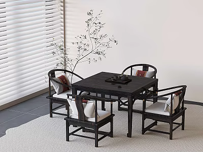 Traditional Chinese Black Square Table and Chair Set with Cushions Potted Plant and Window Blinds 3d model