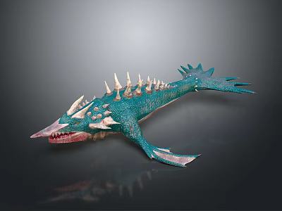 Detailed Turquoise Mythical Aquatic Creature With Spikes Sharp Teeth And Fins 3d model
