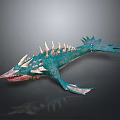 Detailed Turquoise Mythical Aquatic Creature With Spikes Sharp Teeth And Fins