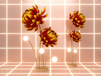 Orange Yellow Flower Shaped Art Installation Featuring Slender Stems Round White Lights On Grid Pattern Background 3d model