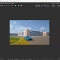 Modern Industrial Factory Building Exterior With Large Glass Windows Greenery And Blue Car On Roadway