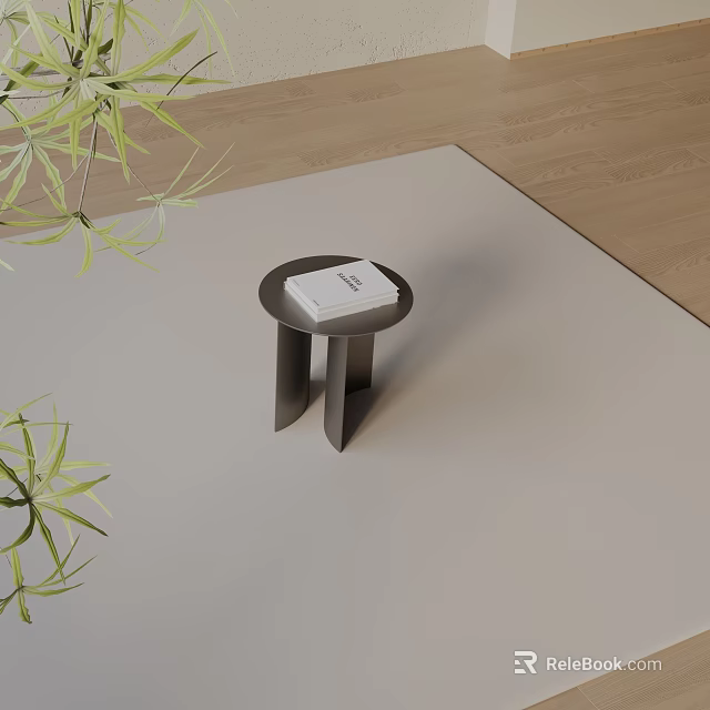 Modern Round Top Side Table With Black Metal Geometric Legs And Green Plants 3d model 