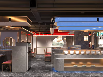 Modern Restaurant Interior Design With Circular Decor Counter Seats And Ambient Lighting 3d model