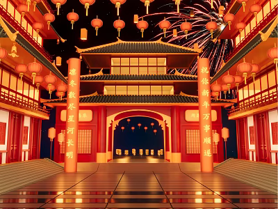 Cartoon Scene Of Chinese Traditional Architecture With Red Lanterns Fireworks Red Pillars And Couplets 3d model