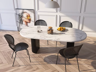 Elegant Oval Marble Top Dining Table Set With Black Chairs And Pendant Light 3d model