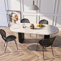 Elegant Oval Marble Top Dining Table Set With Black Chairs And Pendant Light 3d model