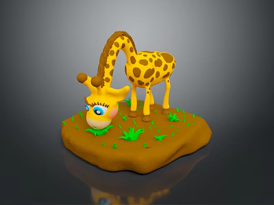 Cartoon Game Character Giraffe With Yellow Brown Spots Big Blue Eyes And Green Grass Base 3d model