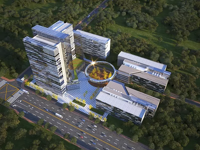 Aerial View of Modern Building Complex Planning With Greenery and Central Plaza 3d model