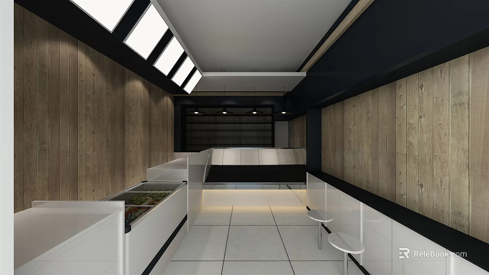 Modern Specialty Store Interior With Wooden Walls White Tiled Floor Skylights And Display Counters 3d model 