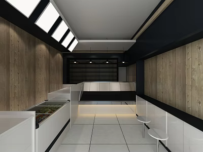 Modern Specialty Store Interior With Wooden Walls White Tiled Floor Skylights And Display Counters 3d model
