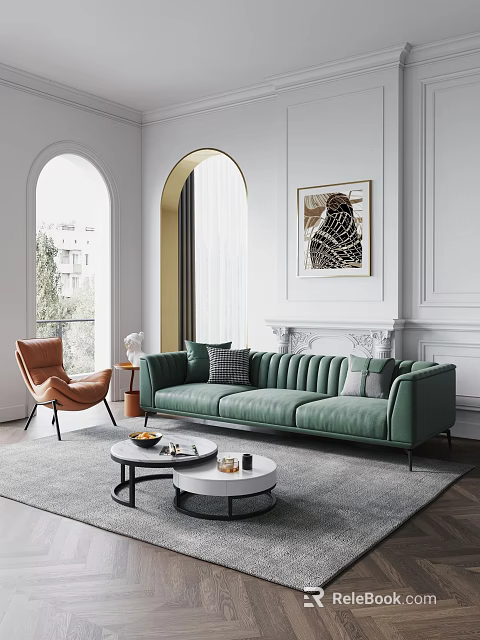 Green Leather Sofa and Black Round Coffee Table Set with Decorative Art and Arched Windows 3d model 