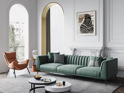 Green Leather Sofa and Black Round Coffee Table Set with Decorative Art and Arched Windows 3d model