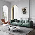 Green Leather Sofa and Black Round Coffee Table Set with Decorative Art and Arched Windows