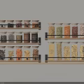 Transparent Spice Jars with Various Spices on Black Racks Wooden Shelf Kitchen Storage