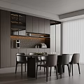 Modern Restaurant Interior With Dark Cabinets Dining Table Chairs And Stone Backsplash 3d model