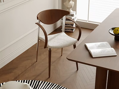 Modern Wooden Dining Chair With Armrests And Light Fabric Seat Near Wooden Table Natural Light 3d model