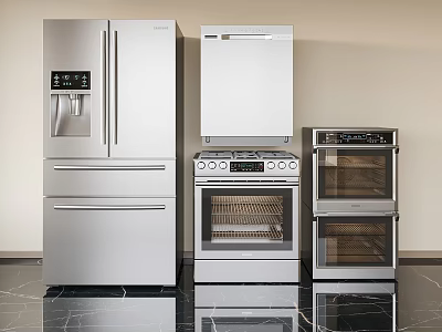Modern Kitchen Interior Design With Stainless Steel Refrigerator Freezer Oven And Appliances 3d model