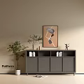 Modern Entryway Console Cabinet Gray With Books Decorative Items Green Plant and Beige Wall Artwork