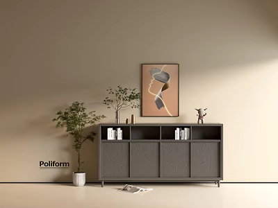 Modern Entryway Console Cabinet Gray With Books Decorative Items Green Plant and Beige Wall Artwork 3d model