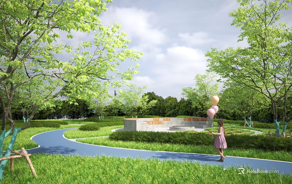 Scenic Park Landscape With Green Trees Blue Sky Curved Path And Girl Walking With Balloons 3d model 