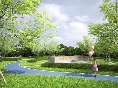 Scenic Park Landscape With Green Trees Blue Sky Curved Path And Girl Walking With Balloons 3d model