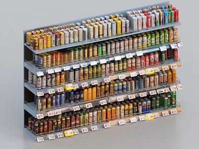 Multi Level Retail Display Shelf Stocked With Various Colored Canned Products And Labels 3d model