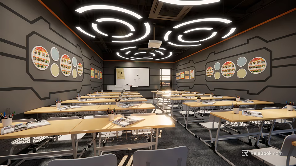 School Classroom Learning Space With Neat Desks Whiteboard Circular Lights And Educational Posters 3d model 