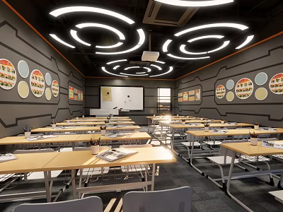 School Classroom Learning Space With Neat Desks Whiteboard Circular Lights And Educational Posters 3d model