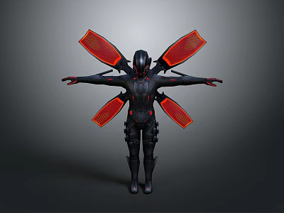Futuristic Black Armored Character With Red Glowing Wings And Extended Arms 3d model