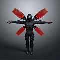 Futuristic Black Armored Character With Red Glowing Wings And Extended Arms