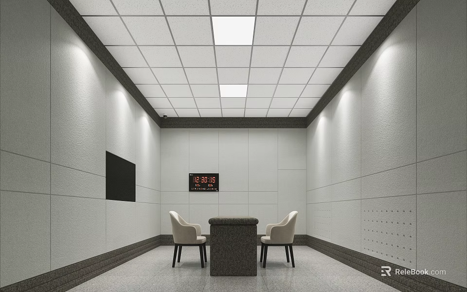Modern Room Interior With White Walls White Chairs Dark Table And Red Clock 3d model 