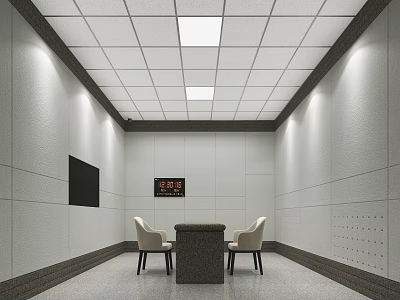 Modern Room Interior With White Walls White Chairs Dark Table And Red Clock 3d model