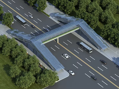 Modern Overpass Bridge Over Urban Road With Vehicles And Green Trees 3d model