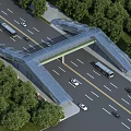 Modern Overpass Bridge Over Urban Road With Vehicles And Green Trees