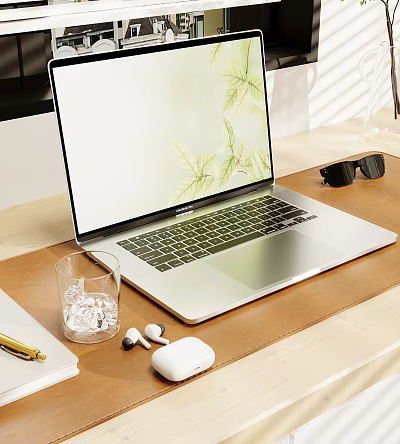 Silver Laptop with Green Leaf Screen on Desk and Iced Glass Sunglasses Pen Wireless Earbuds 3d model