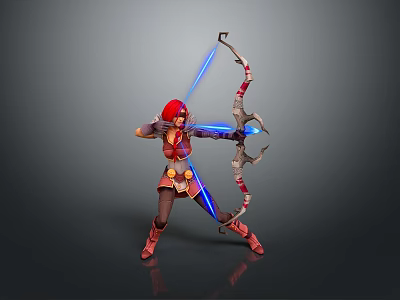 Red Haired Game Movie Character Wearing Red Gold Outfit Holding Bow With Blue Light Effects 3d model